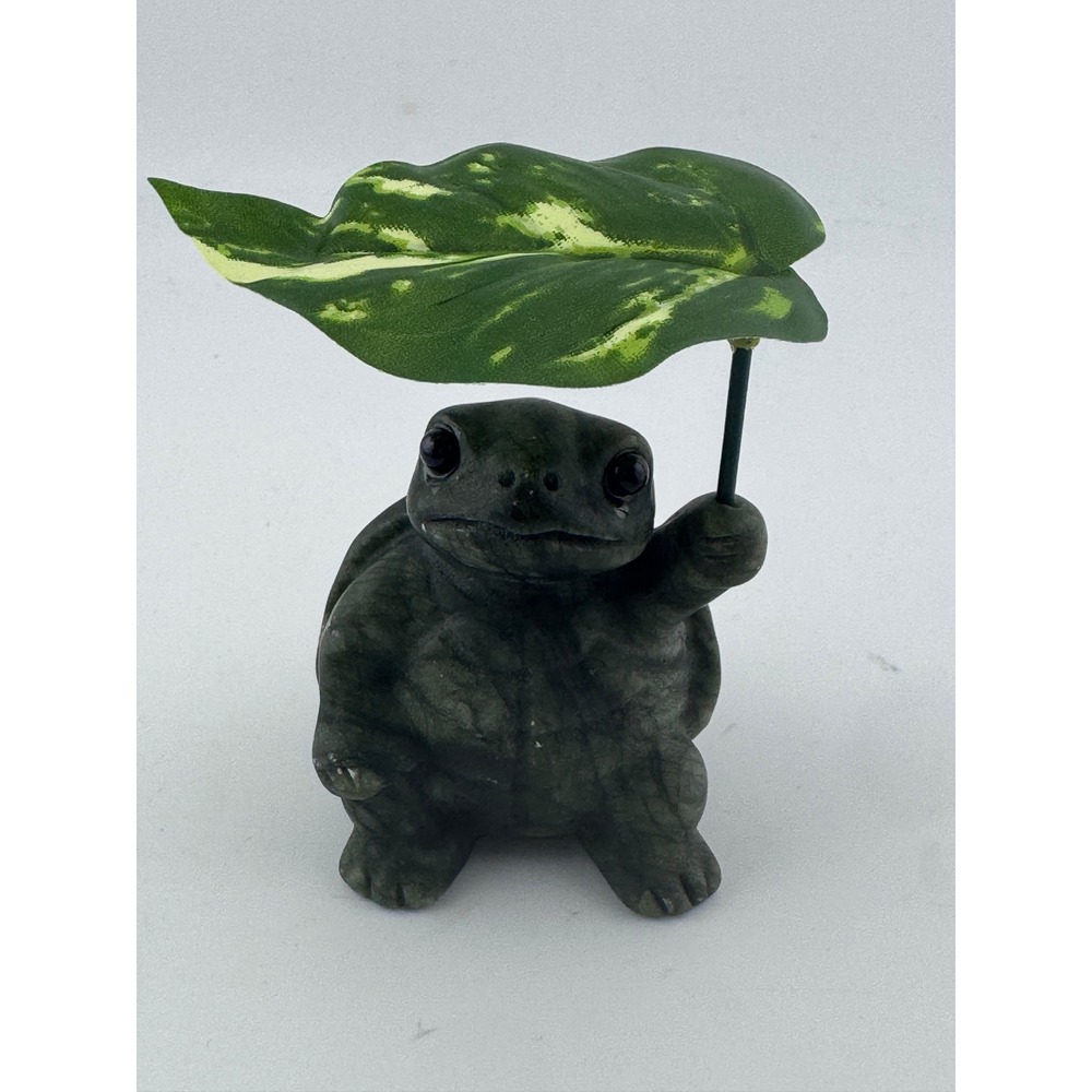 Green Jade Turtle Figurine with Lily Pad Umbrella Hand Carved Stone Statue